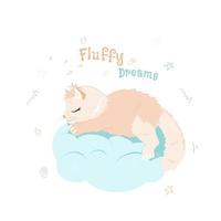eine süße flauschige Katze mit Tiara schläft auf einer Wolke vektor