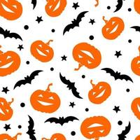 nahtloses Muster mit Kürbissen Fledermäusen Sternen. Halloween-Hintergrund. Illustration für Textil, Druck, Karte, Einladung, Tapete, Stoff vektor