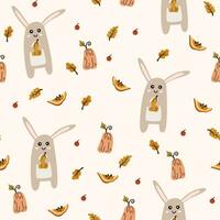 Herbst Vektor Hintergrund mit süß Hase, Beere, Blatt und Kürbisse. Wald Baby Tiere nahtlos Muster. kreativ Hintergrund zum Stoff, Textil, Scrapbooking, Drucke. Vektor Illustration