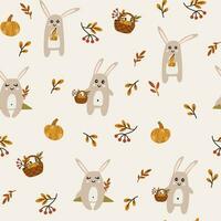 Wald Baby Tiere nahtlos Muster. Herbst Vektor Hintergrund mit süß Hase, Beere, Blatt und Kürbisse. kreativ Hintergrund zum Stoff, Textil, Scrapbooking, Drucke. Vektor Illustration