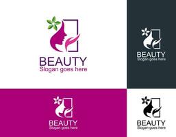 frauengesicht mit blumenlogodesign und visitenkarte. natürliches frauenlogo für schönheitssalon, spa, kosmetik und hautpflege. luxuriöse weibliche vorlage. vektor