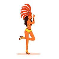 brasilianischer karnevalskünstler flacher farbvektor gesichtsloser charakter. Latino-Dame im Bikini. Stehende Frau in roter Krone mit Gefieder isolierte Cartoon-Illustration für Webgrafikdesign und Animation vektor