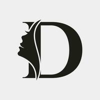 kvinna ansikte logotyp på brev d. skönhet spa symbol med kvinna ansikte ikon vektor