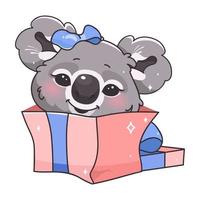 süße Koala Kawaii Cartoon-Vektor-Figur. Entzückendes und lustiges lächelndes Tier in Geschenkbox isolierter Aufkleber, Patch. Anime Baby Koala Geschenk, Geburtstagsüberraschung Emoji auf weißem Hintergrund vektor