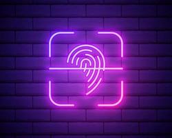 leuchtendes Neon-Fingerabdrucksymbol isoliert auf Ziegelwandhintergrund ID-App-Symbol. Identifikationszeichen. Berührungsidentifikation. Vektor