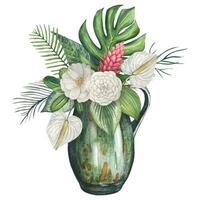 tropisch Strauß mit Grün tropisch Blätter und Blumen im ein Vase, Aquarell vektor