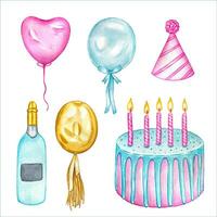 vattenfärg födelsedag uppsättning, med kaka, ballonger, champagne. vektor