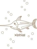 Alphabet x zum Xiphias Fisch Wortschatz Schule Lektion Karikatur Färbung Seiten zum Kinder und Erwachsene vektor