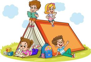 illustration av stickman barn läsning en bok inuti en tält på en solig dag vektor