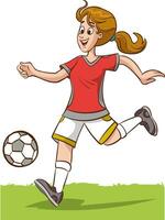 rolig karaktär av kvinna fotboll spelare. Lycklig kvinna spelar fotboll. platt begrepp av Tonårs flicka sparkar boll. platt tecknad serie färgrik vektor illustration