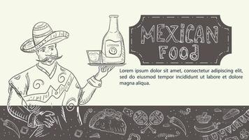 illustration en skiss ritad för hand för en design på temat mexikansk mat en mexikan med en bricka i handen på vilken är en flaska tequila vektor