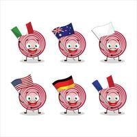 skiva av beta tecknad serie karaktär föra de flaggor av olika länder vektor