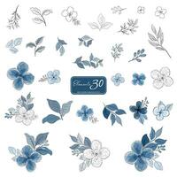 uppsättning av blå blommor och löv vattenfärg stil element vektor