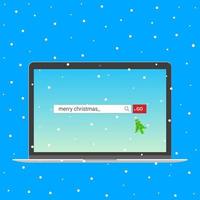 Laptop-Notebook-Gerät mit Suchleiste mit Text Frohe Weihnachten und Schaltfläche gehen mit Weihnachtsbaum-Pfeil-Cursor-Zeiger. flaches stildesign laden zur weihnachtsparty postkartenvektorillustration ein. vektor