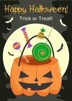 Halloween Kostüm Party und Feier bekannt geben Poster mit Kürbis Korb, Süßigkeiten, voll Mond und fliegend Fledermäuse. vektor