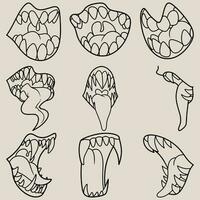 fri vektor samling av linje konst illustrationer av stridande monster mun med lång tungor