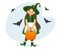 süß wenig Hexe mit Besen, Mond, Kürbisse und Fledermäuse. Halloween Illustration im Karikatur Stil, Vektor