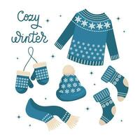 Weihnachten einstellen von Kleidung, Pullover, Socken, Hut, Schal und Fäustlinge. Blau Design mit Schneeflocken. Illustration, Vektor