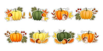 uppsättning av höst klistermärken, pumpor med ekollon, svamp och höst löv och rönn. illustration, ikoner, mall, vektor