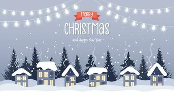 Weihnachten Dorf Landschaft Illustration mit süß Häuser, Tanne Bäume und Girlanden mit Beleuchtung. Illustration mit Beschriftung im eben Stil. Vektor