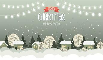 jul by landskap illustration med söt hus, gran träd och kransar med lampor. illustration med text i platt stil. vektor