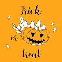 Trick oder behandeln Halloween Vektor Poster. Halloween schwarz und Orange Poster mit ein Kürbis und Trick oder behandeln Inschrift.