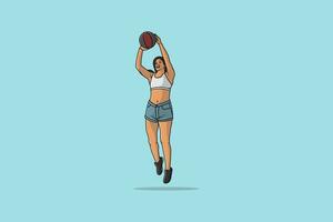 ein Frau Schießen ein Schuss ein Basketball Spieler Vektor Illustration. Sport Aktivität Symbol Konzept. Frau mit Basketball Athlet im Position zu schießen das Ball.