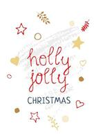 ny år och glad jul kort med handskriven text järnek glad. söt vykort i scandinavian stil med växter och stjärnor i guld och röd. inbjudan kort för barn och vuxna vektor