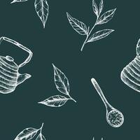 Vektor Illustration von ein nahtlos Muster von Tee Blätter und Teekanne auf ein dunkel Grün Hintergrund. Weiß Blätter auf dunkel zum Verpackung oder Verpackung Papier, Stoff