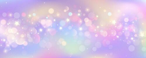 lila Einhorn Hintergrund. Pastell- Aquarell Himmel mit funkeln Sterne und Bokeh. Fantasie Galaxis mit holographisch Textur. Magie Marmor Raum. Vektor