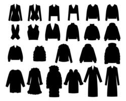 uppsättning av kläder Tröja, tröja, jacka, täcka, väst, ytterkläder, dunstoppad täcka, päls täcka vektor