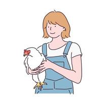 Ein Mädchen hält ein Huhn. handgezeichnete Stilvektordesignillustrationen. vektor
