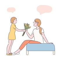 Eine junge Tochter überreicht ihrer Mutter Blumen. handgezeichnete Stilvektordesignillustrationen. vektor