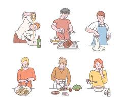 eine Ansammlung von Leuten, die verschiedene Gerichte zubereiten. handgezeichnete Stilvektordesignillustrationen. vektor