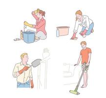Ansammlung von Leuten, die Reinigung tun. handgezeichnete Stilvektordesignillustrationen. vektor