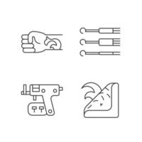 Lineare Symbole für Tattoo- und Piercing-Tools gesetzt. spezielle Nadeln zum Injizieren von Tinte in die Haut. anpassbare Kontursymbole für dünne Linien. isolierte Vektorgrafiken. bearbeitbarer Strich vektor