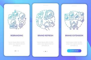 varumärkes redesign ombord mobilappsskärm med koncept. rebranding, brand refresh walkthrough 3 steg grafiska instruktioner. ui, ux, gui vektormall med linjära färgillustrationer vektor