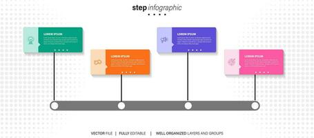 Infografik Vorlage 4 Schritt Geschäft Planung zu Erfolg multi farbig Rechtecke mit Symbol. Vorlage Hintergrund Design zum Marketing, Finanzen, Produkt. vektor