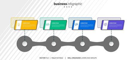 Diagram tidslinje infographic mall eller element med 4 projekt, bearbeta, steg, alternativ, färgrik bar, pil, minimal, modern stil för försäljning glida, planerare, arbetsflöde, färdplan, webb vektor