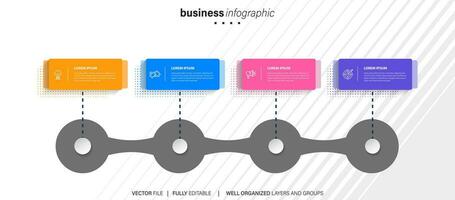 Diagram tidslinje infographic mall eller element med 4 projekt, bearbeta, steg, alternativ, färgrik bar, pil, minimal, modern stil för försäljning glida, planerare, arbetsflöde, färdplan, webb vektor