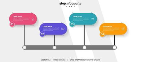 Diagram tidslinje infographic mall eller element med 4 projekt, bearbeta, steg, alternativ, färgrik bar, pil, minimal, modern stil för försäljning glida, planerare, arbetsflöde, färdplan, webb vektor