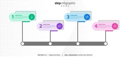 Diagram tidslinje infographic mall eller element med 4 projekt, bearbeta, steg, alternativ, färgrik bar, pil, minimal, modern stil för försäljning glida, planerare, arbetsflöde, färdplan, webb vektor