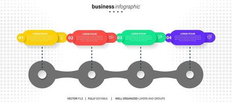 Diagramm Zeitleiste Infografik Vorlage oder Element mit 4 Projekt, Verfahren, Schritt, Möglichkeit, bunt Bar, Pfeil, minimal, modern Stil zum Verkauf gleiten, Planer, Arbeitsablauf, Fahrplan, Netz vektor