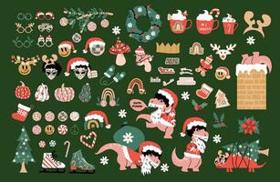 häftig jul grafisk element samling med dinosaurie santa och 70s retro föremål. vektor