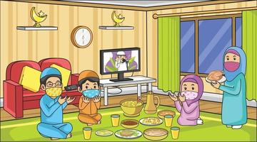 Während der Corona-Virus-Pandemie beten Essen Iftar Ramadhan mit der Familie. bleib zu hause mit dem ramadan monat.muslimische aktivität und bete vektor