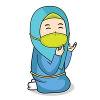 muslimisches mädchen verwendet blaues kleid und blauen hijab, traditionelle muslime. beten im ramadan-monat, mit maske und gesundem protokoll.charakterillustration. vektor