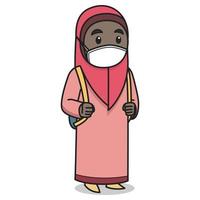 afrikansk muslimsk tjejkaraktär som bär hijab och ansiktsmask. vektor. barnbok. vektor