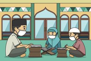 ustaz och hans elever läser koranen i moskén klädd i muslimska kläder. vektor. barnbok. vektor