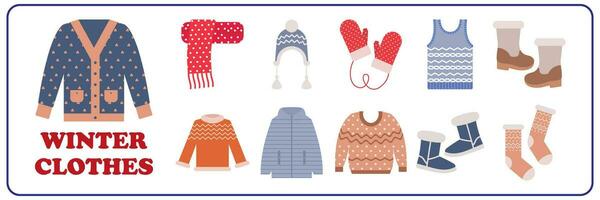 einstellen von Winter Jahreszeit Kleider - - Vektor Illustration Schal, Hut, Jacke oder Pullover.