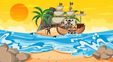 Ozean mit Piratenschiff bei Sonnenuntergangsszene im Karikaturstil vektor